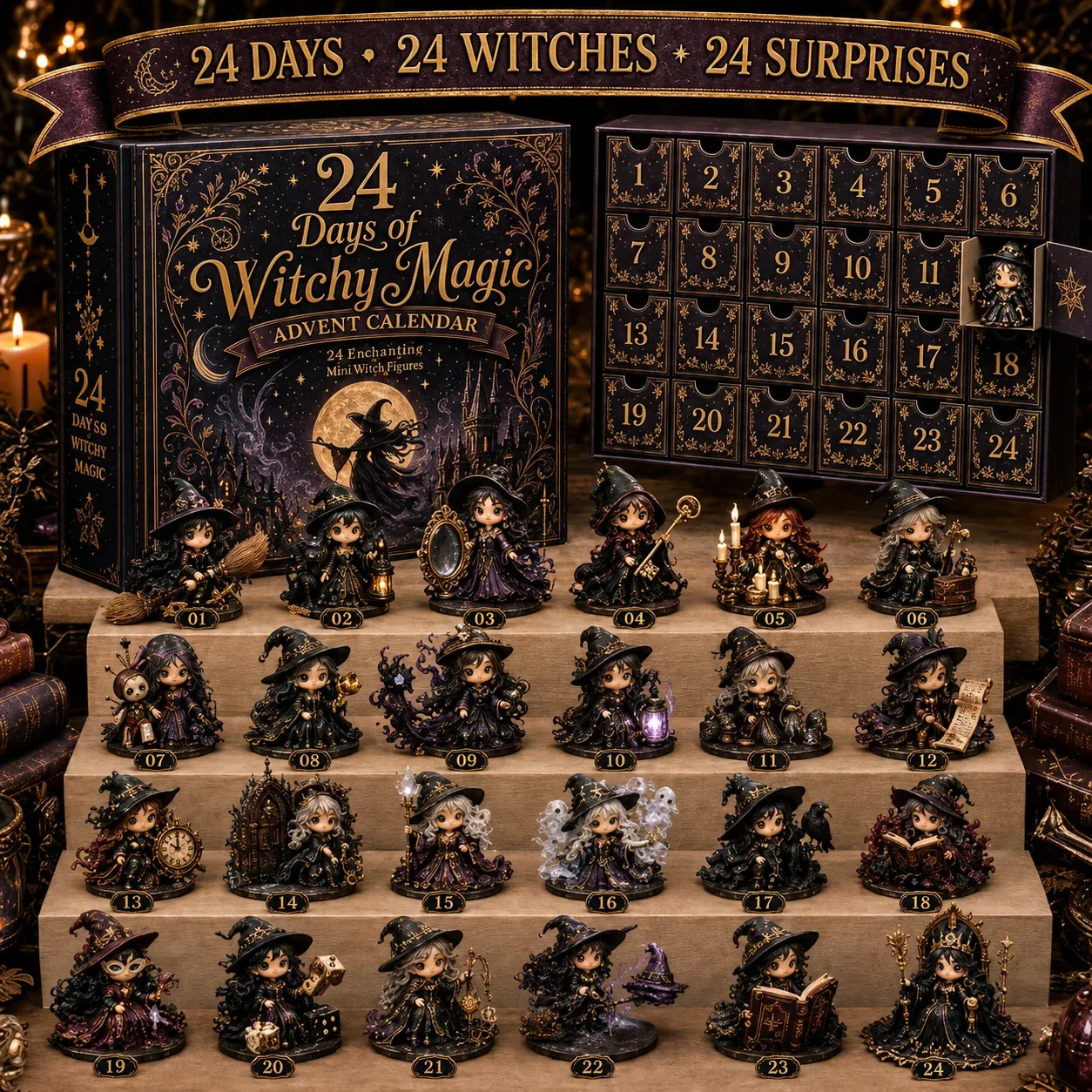Complete collection of 24 unique miniature witches