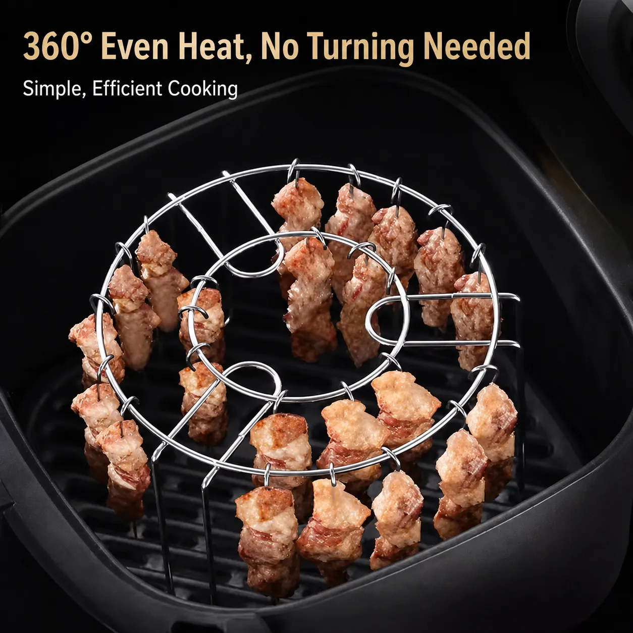 Skewers hanging inside an air fryer for even heat exposure