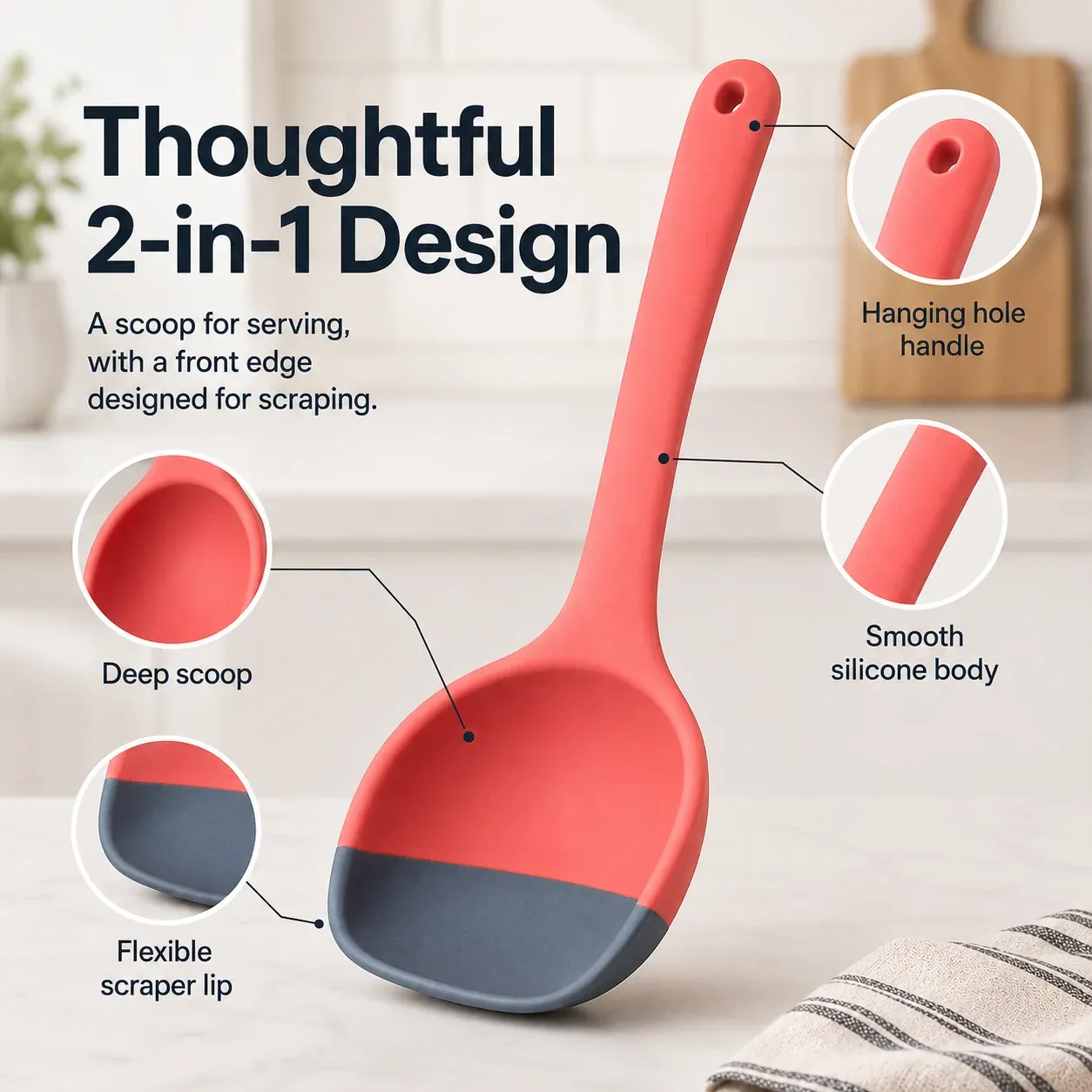 Two in one silicone spoon showing deep scoop flexible scraper lip smooth body and hanging hole