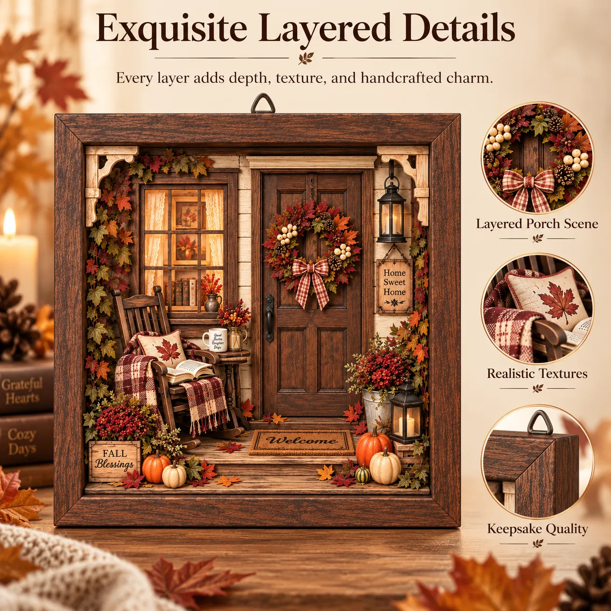 Storybook inspired autumn reading corner with rocking chair and books