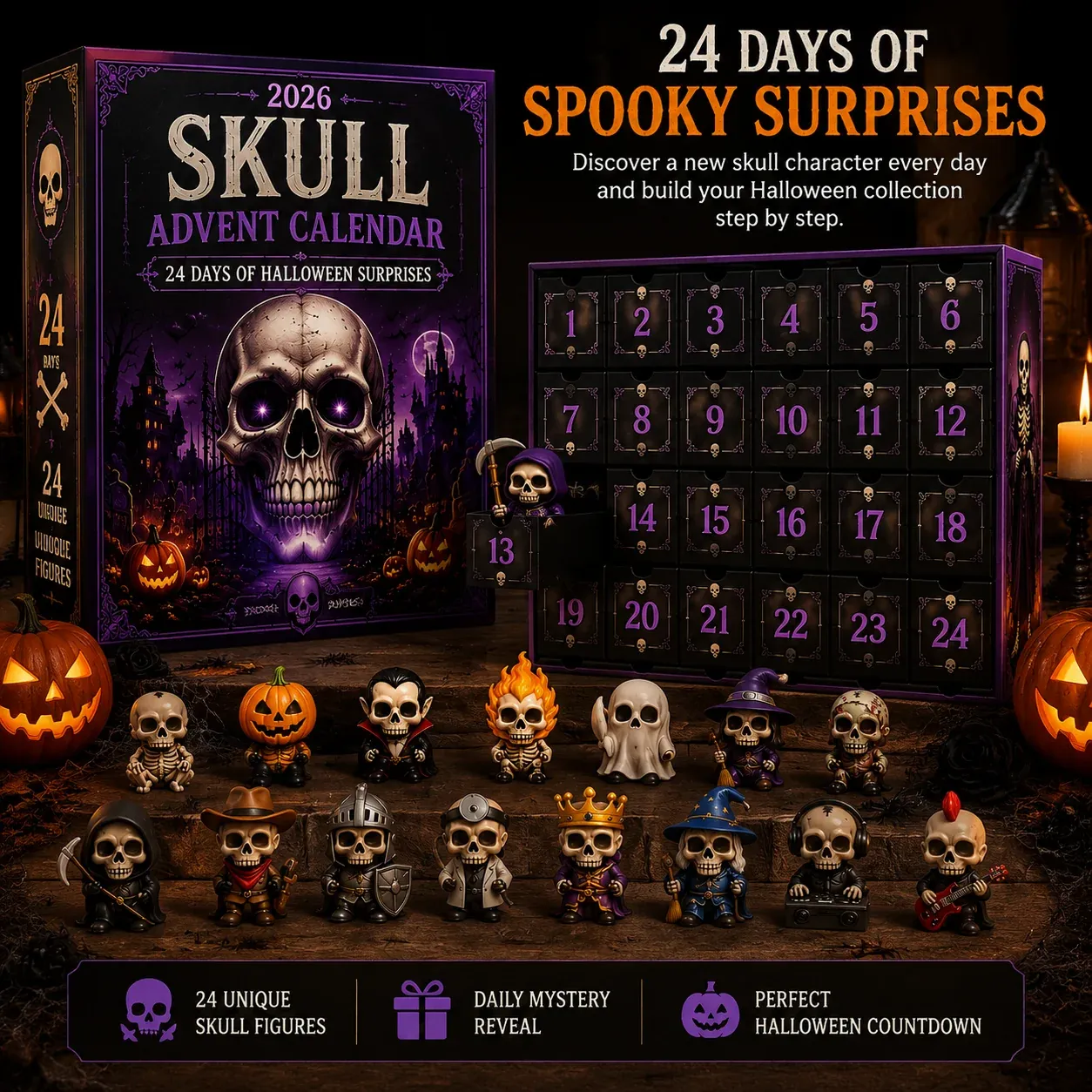 2026 Skull Advent Calendar with 24 Halloween collectible figures