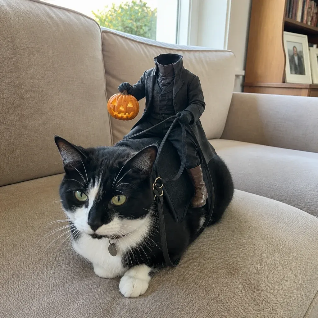 Black and white cat wearing Headless Horseman rider pet costume