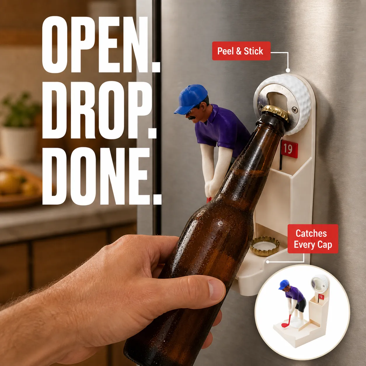 Adhesive-mounted golf bottle opener being used on a refrigerator