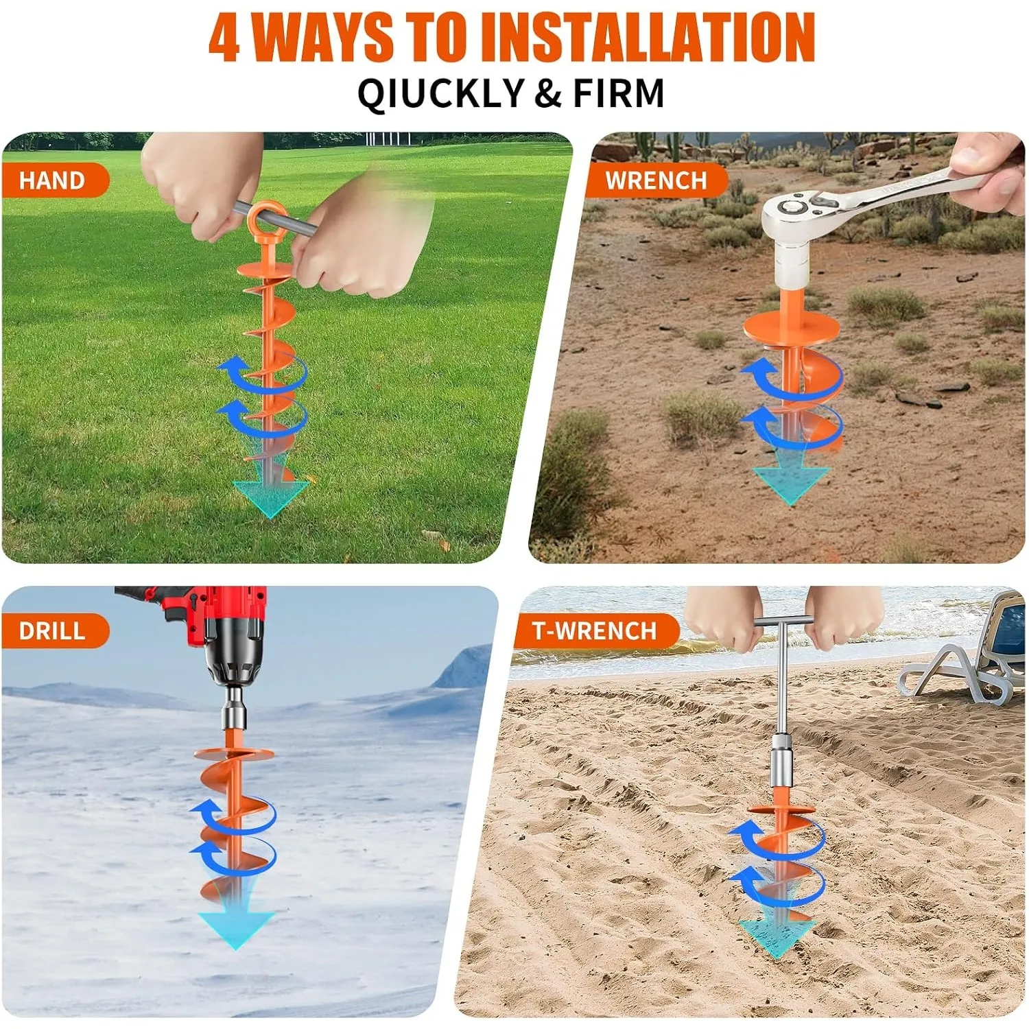 Four ways to install the orange spiral ground anchors