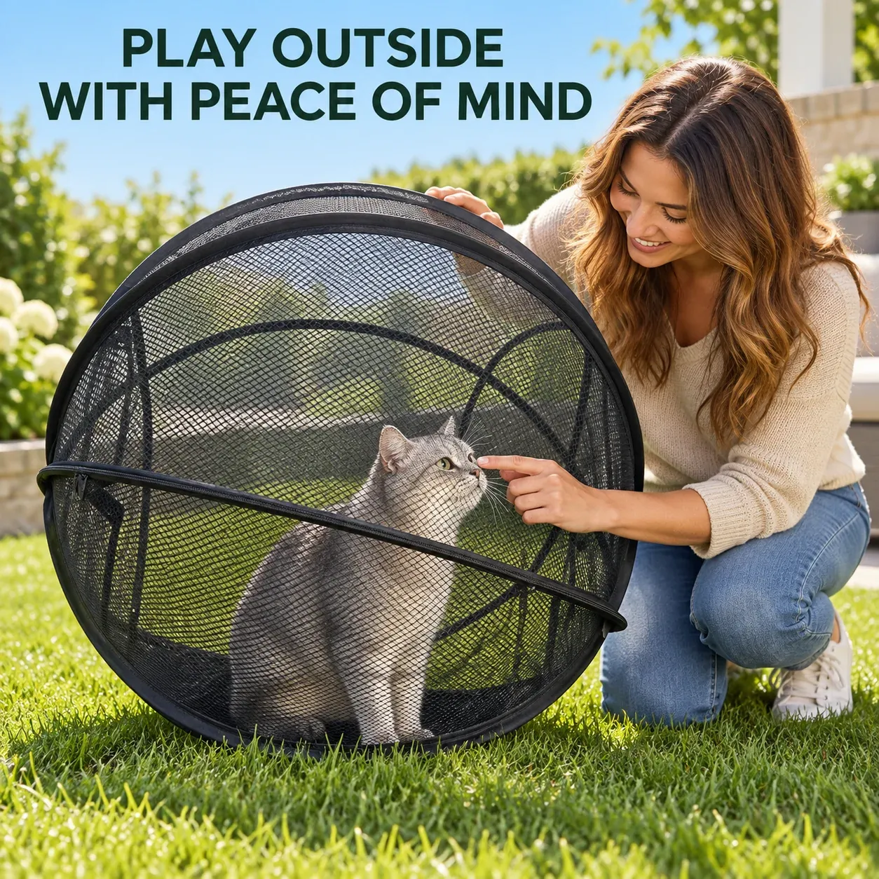 Cat relaxing outdoors in a supervised mesh playpen