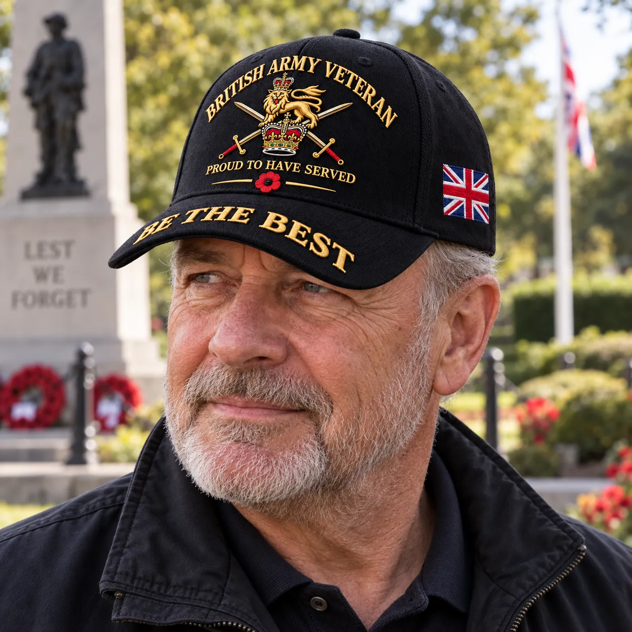 Lifestyle image showing the black British Army Veteran cap worn outdoors