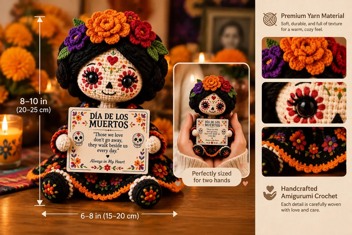 Close-up of textured crochet Catrina doll