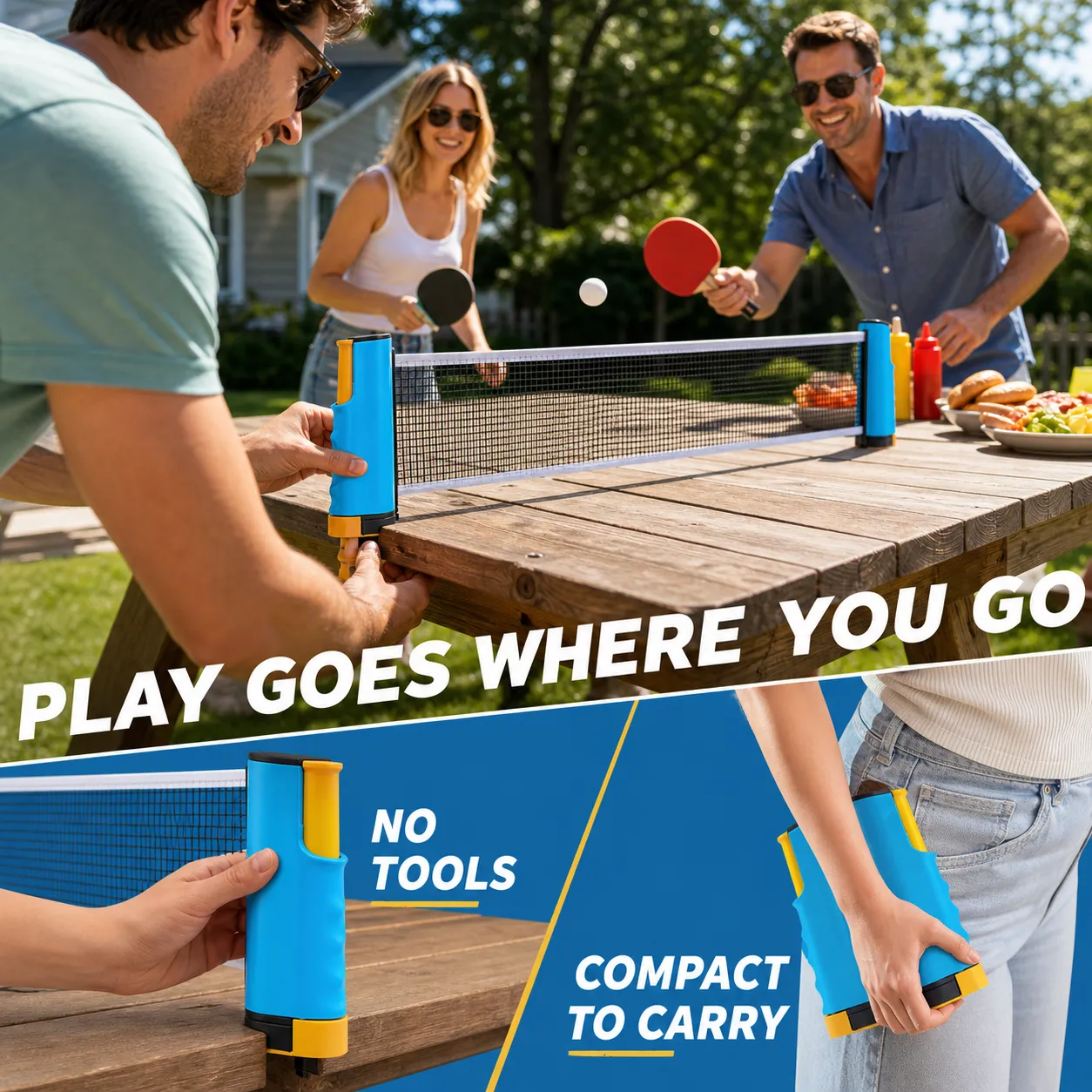 Friends setting up the portable retractable net on an outdoor picnic table