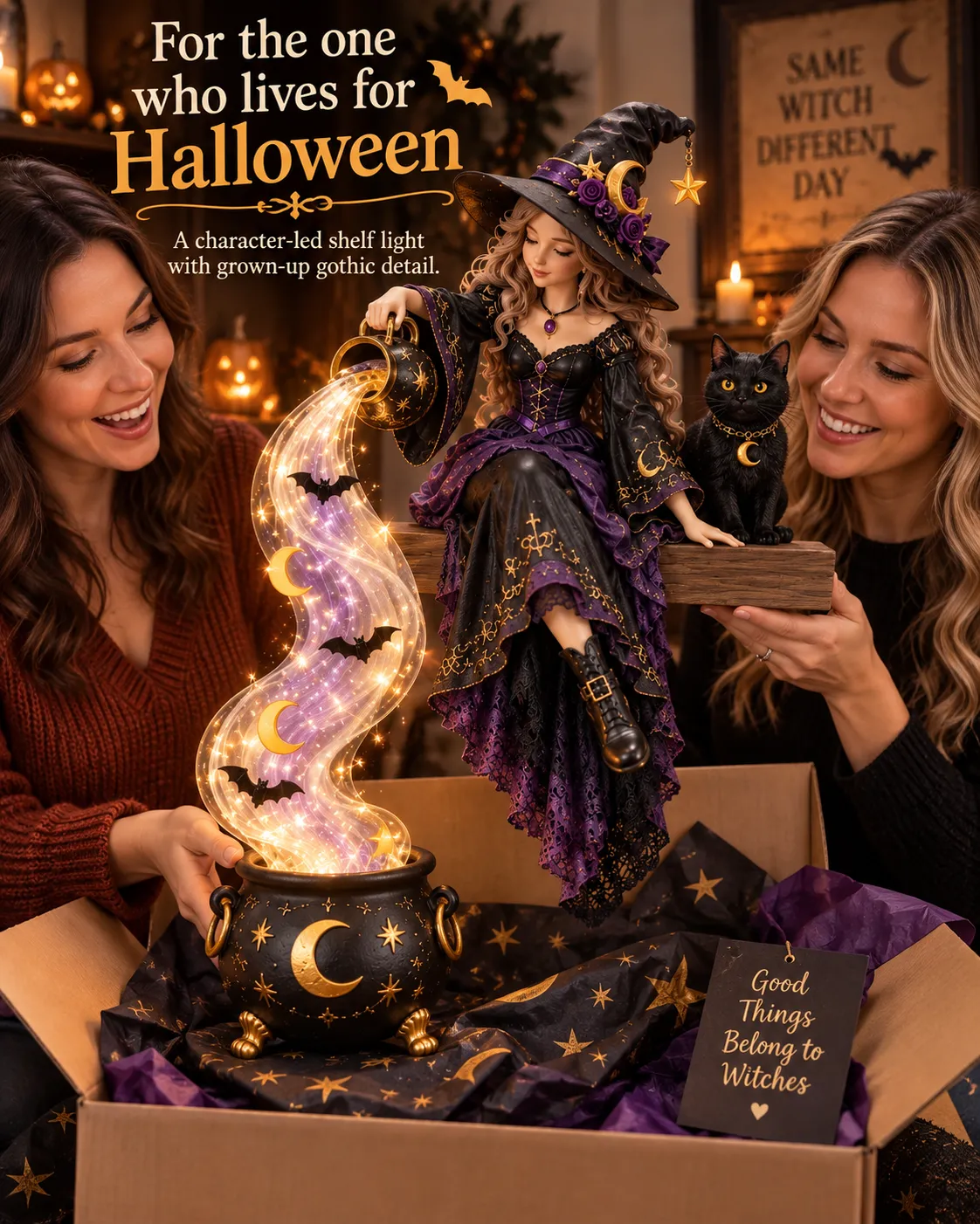 Two people with a Witch cascade light in a Halloween gift-styling scene