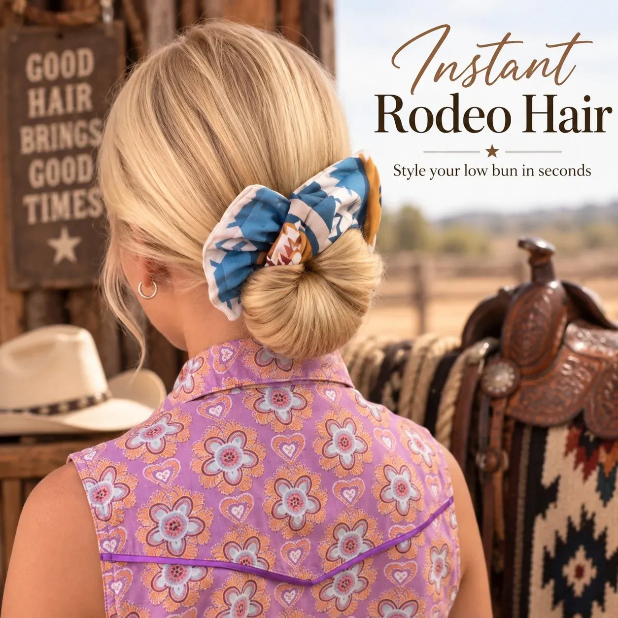 Southwest print bow styled around a low bun with a purple Western shirt