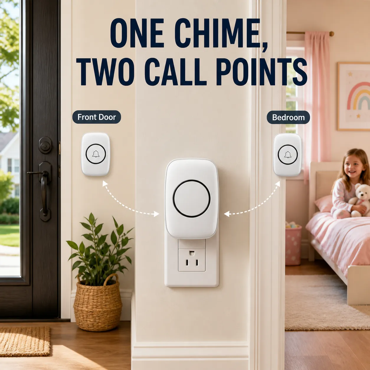 One plug-in receiver connected to two wireless call buttons