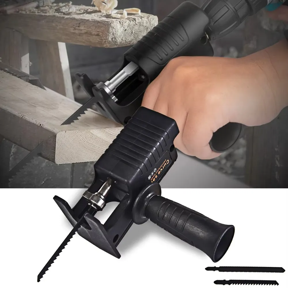 Black drill-powered jigsaw adapter cutting lumber with its side handle attached