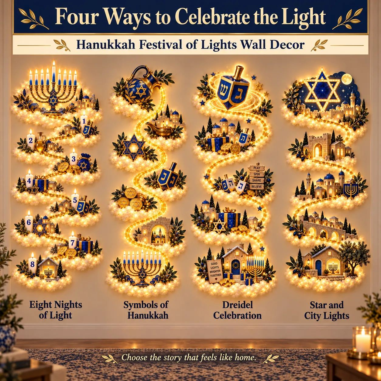Collection shown left to right: Eight Nights of Light, Miracle of Oil, Dreidel Adventure and Jerusalem Lights