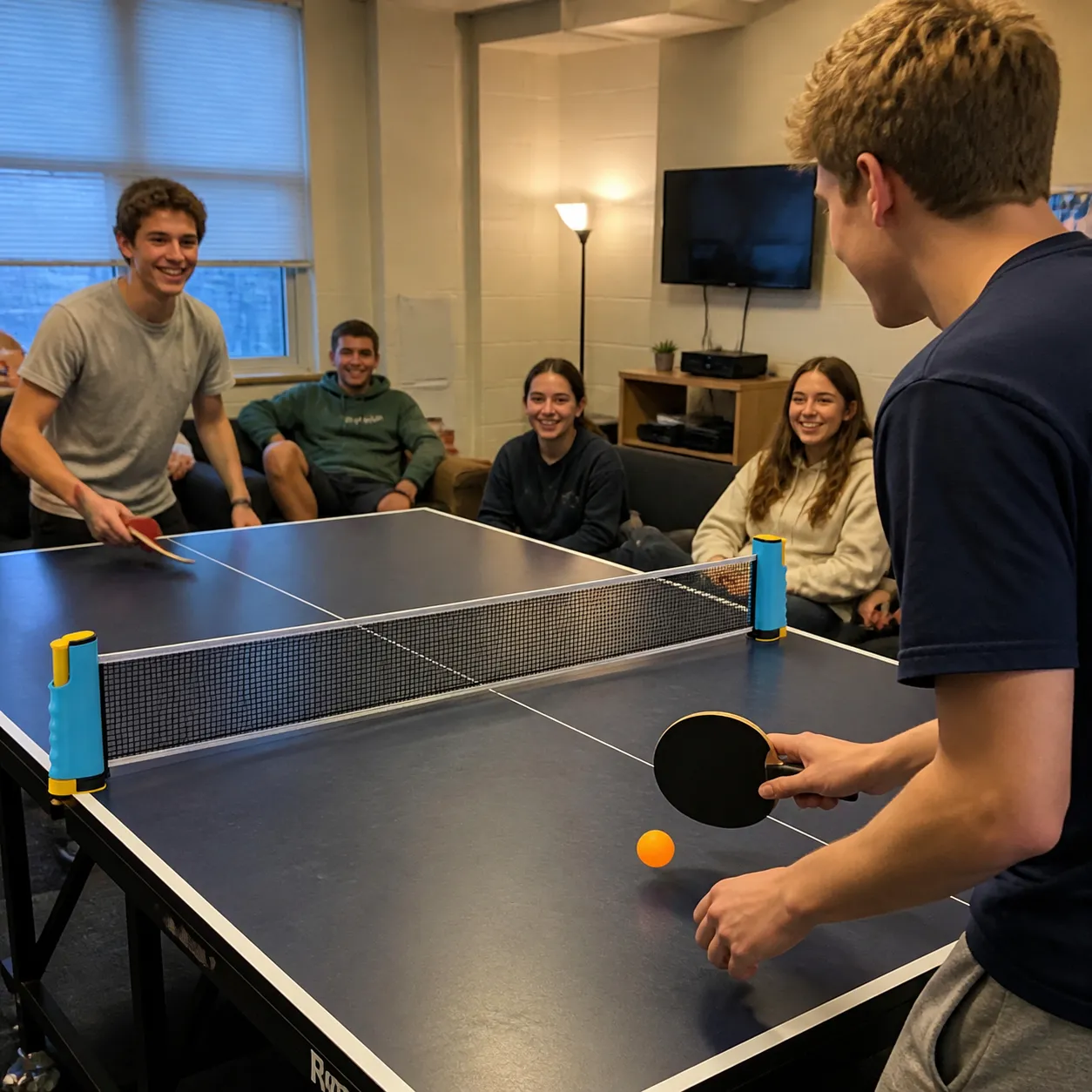 Students playing table tennis in a dorm common room