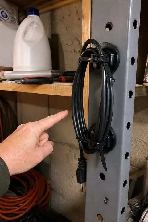 Customer-style photo of an extension cord organized on a basement steel rack