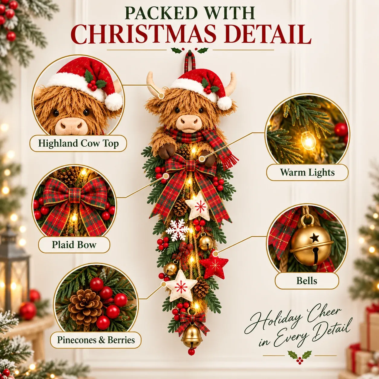 Highland cow Christmas door swag detail features