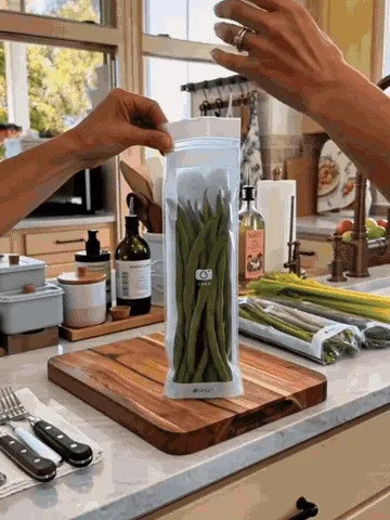 Long vegetable storage bags being filled, sealed, and placed in a refrigerator