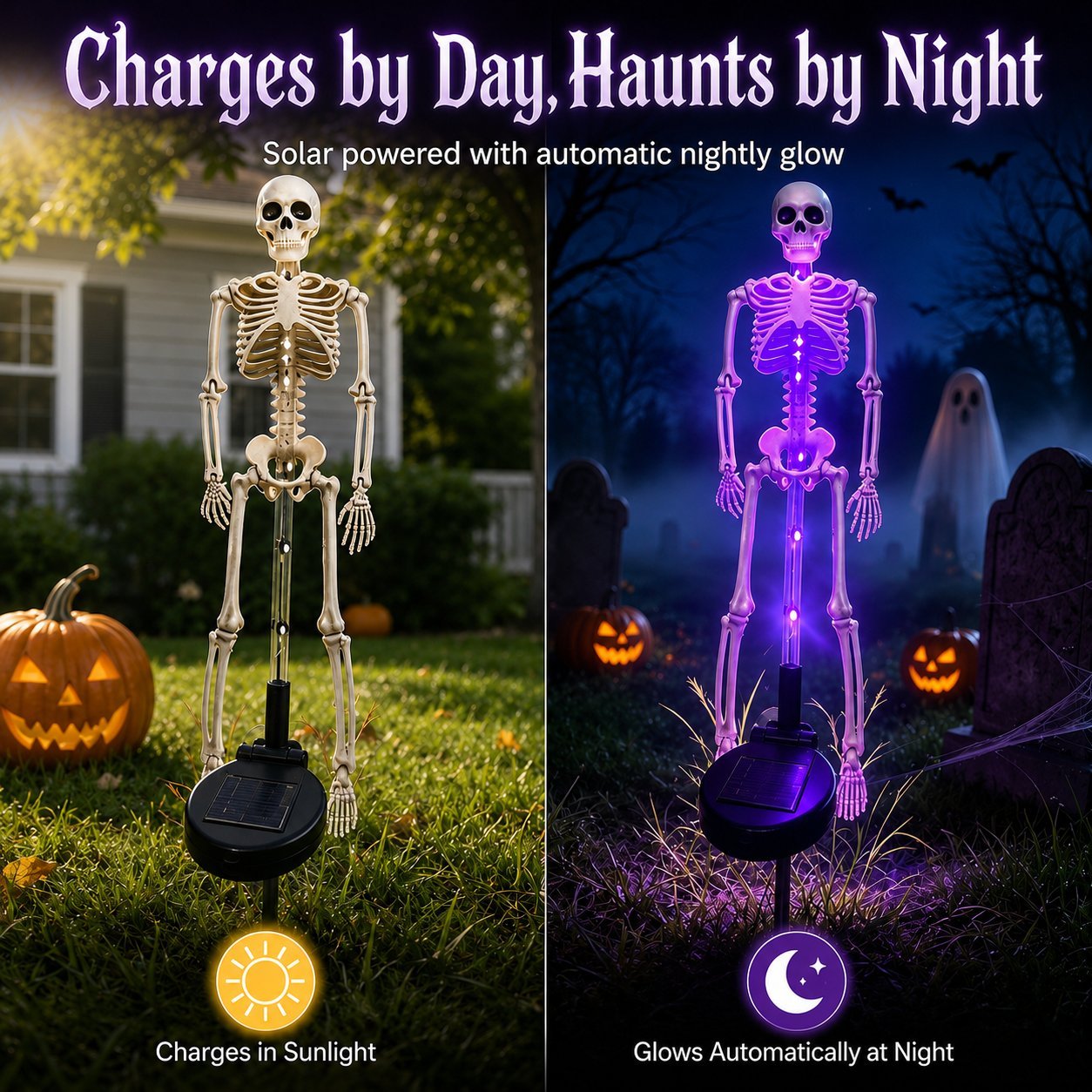 Solar skeleton yard light charging by day and glowing at night