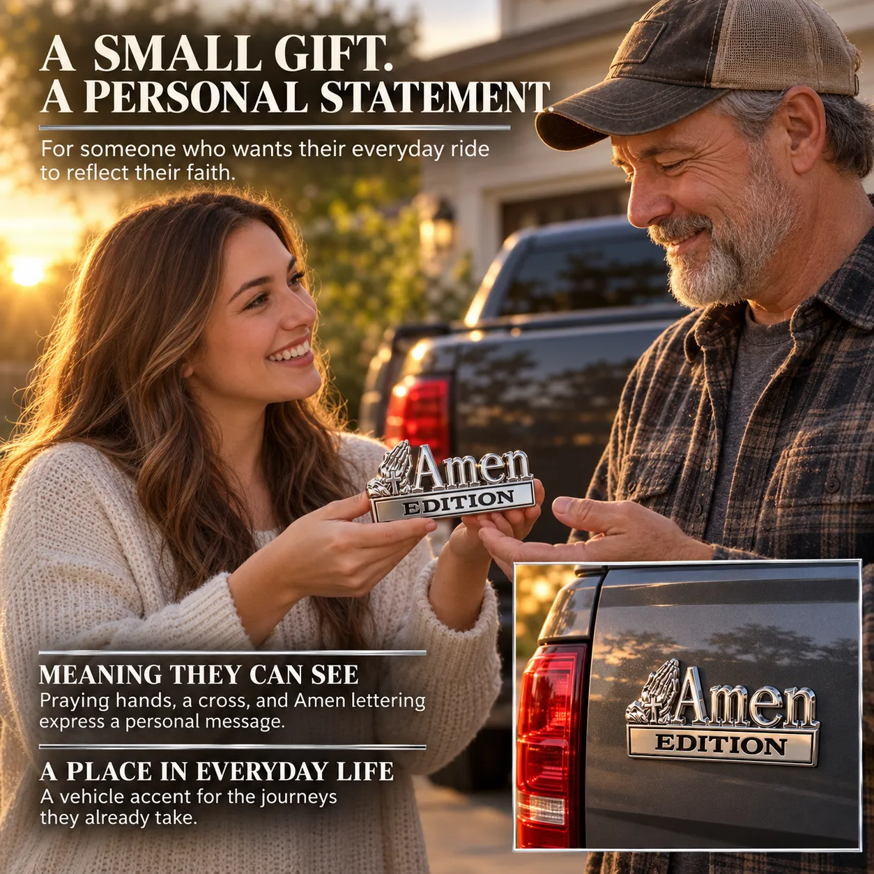 Gift scene showing a woman presenting the Amen Edition emblem to a man beside a pickup