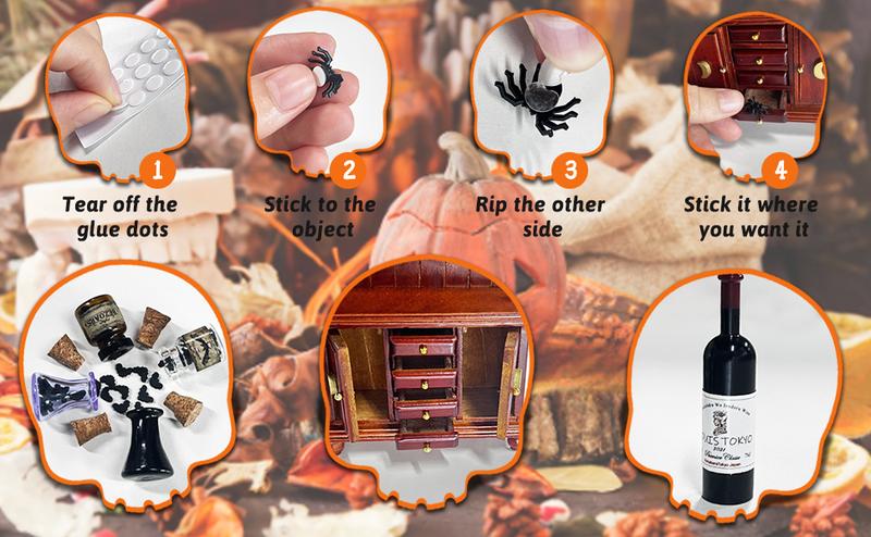 Dollhouse Miniatures 1/12 Scale Accessories, Wooden Bookshelf Furniture Set - Magic Bottle&Potion, Witch Frame and Hat, Mini Bookcase, Haunted Dollhouse Halloween Decorations for Kids Gifts Playset
