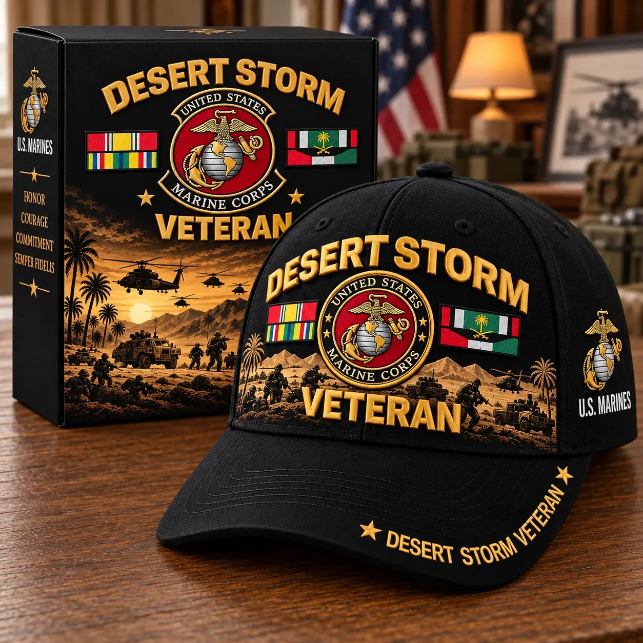 U.S. Marine Corps Desert Storm Veteran cap design shown with display packaging