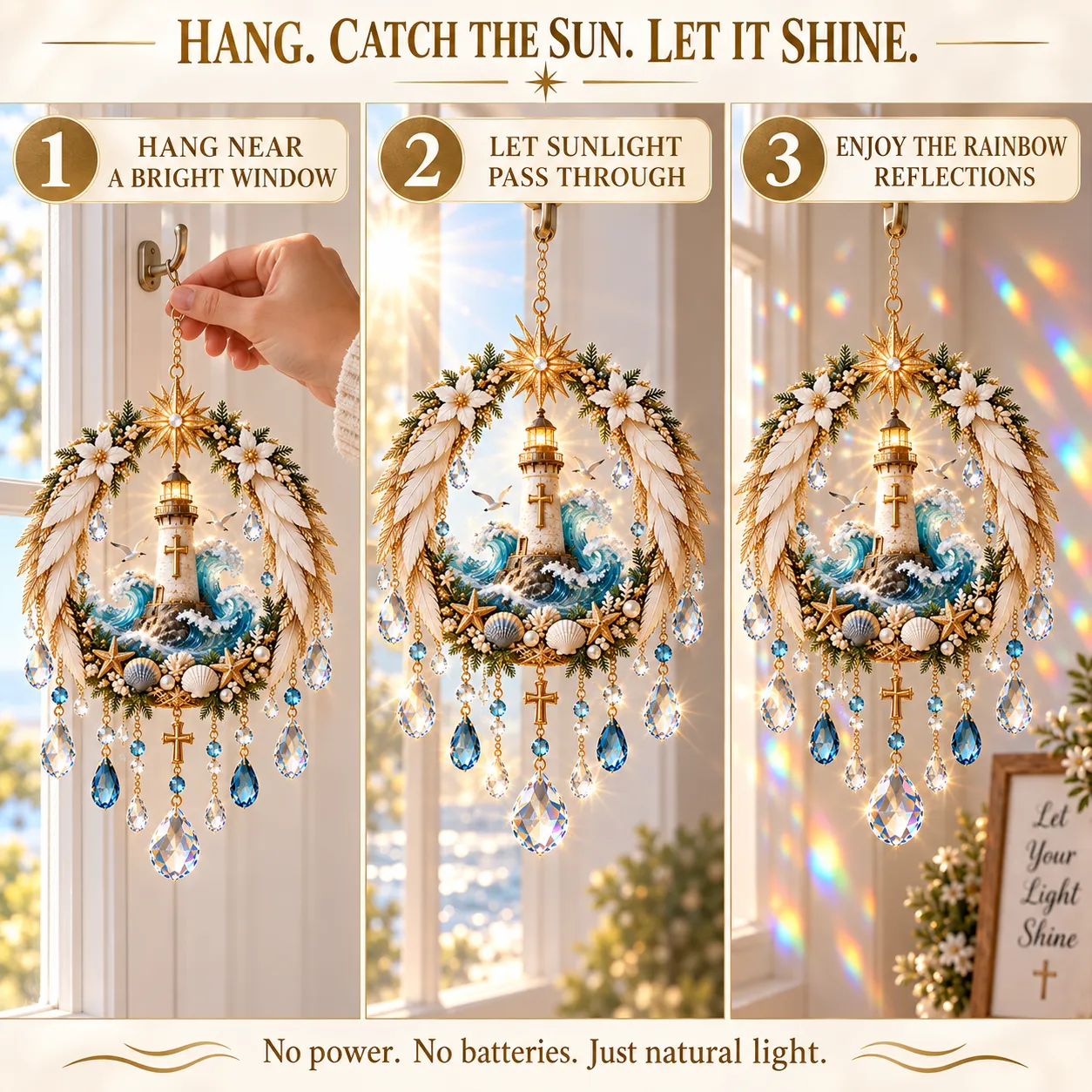 Lighthouse suncatcher display guide: hang near a bright window, let sunlight pass through, and enjoy the reflections