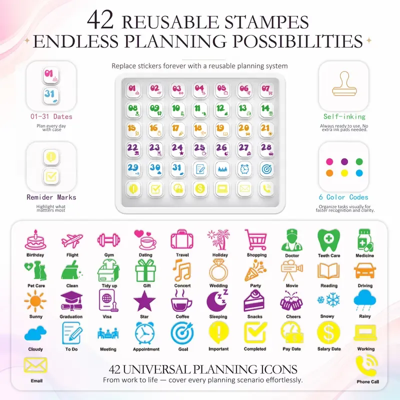 42 self inking reusable calendar event stamps