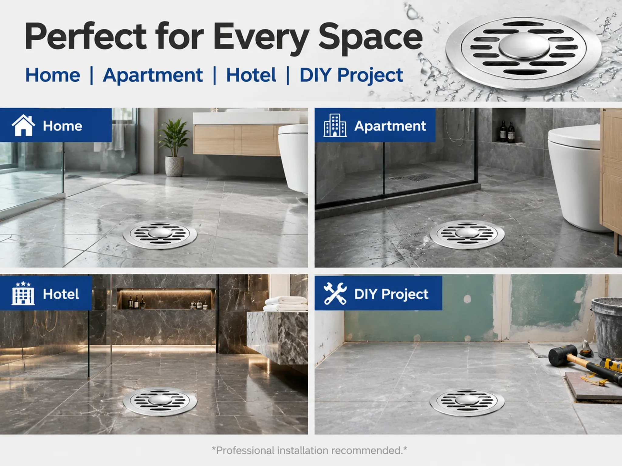 Product imagery showing the stainless steel floor drain in home, apartment, hotel and renovation settings