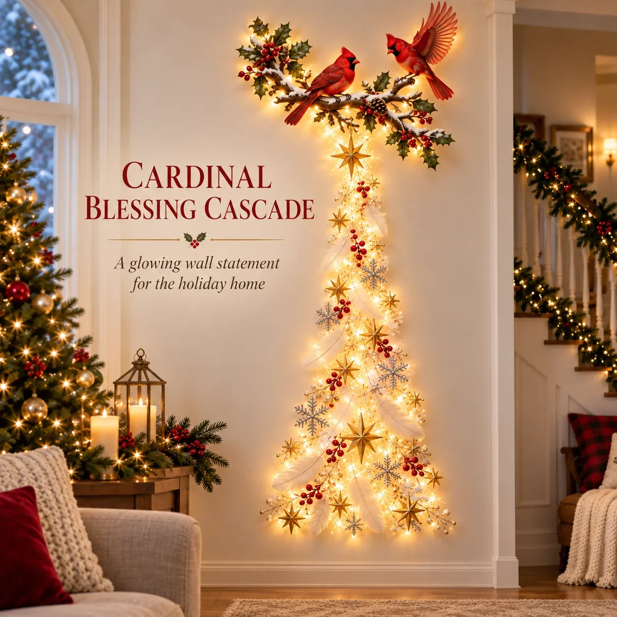 Red cardinal illuminated wall decoration with warm cascading lights