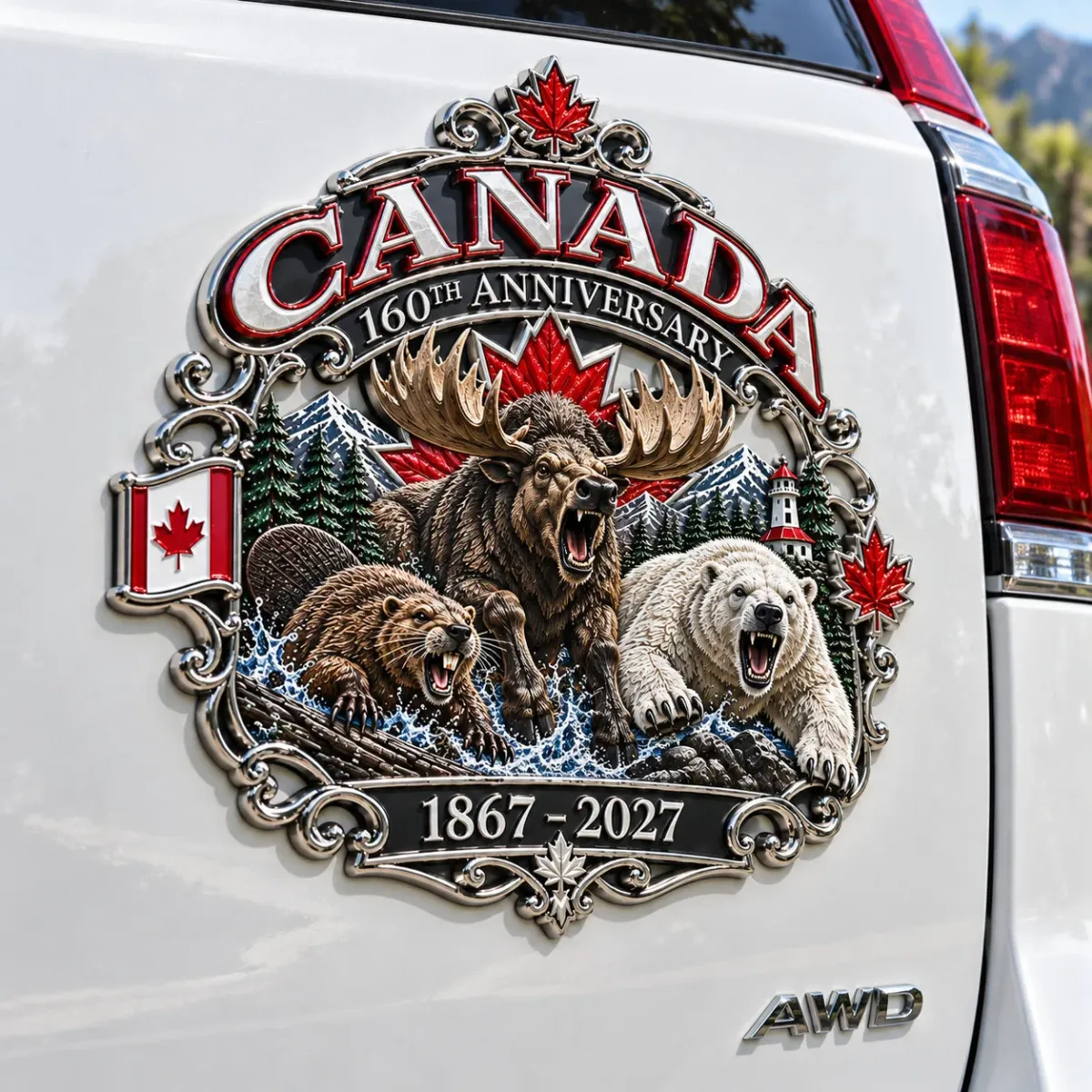 Canada 160th anniversary wildlife emblem on white vehicle