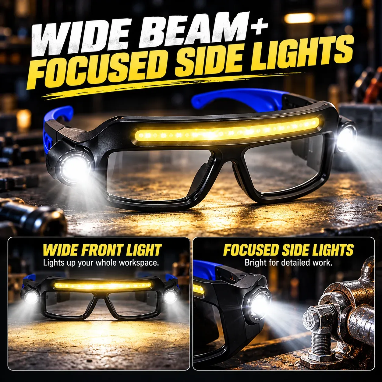 Wide front illumination and focused side beams