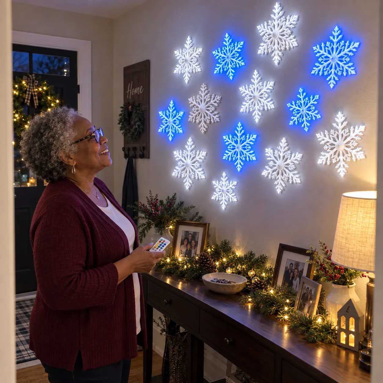 Customer using the remote for blue and white snowflake lights above a family photo table