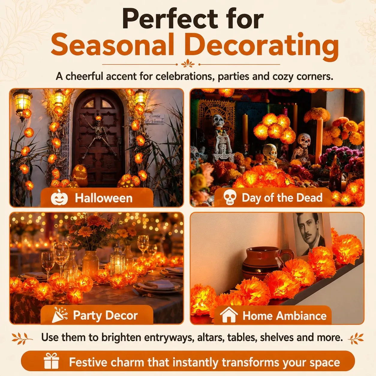 Marigold flower lights used for Halloween, remembrance displays, parties, and home ambiance