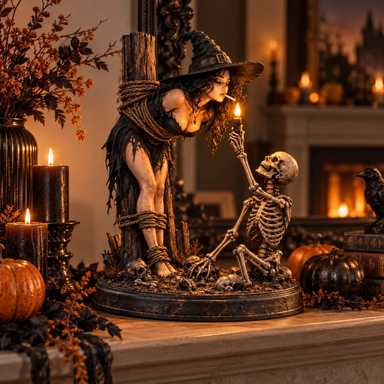 Skeleton holding illuminated candle flame beside witch figurine