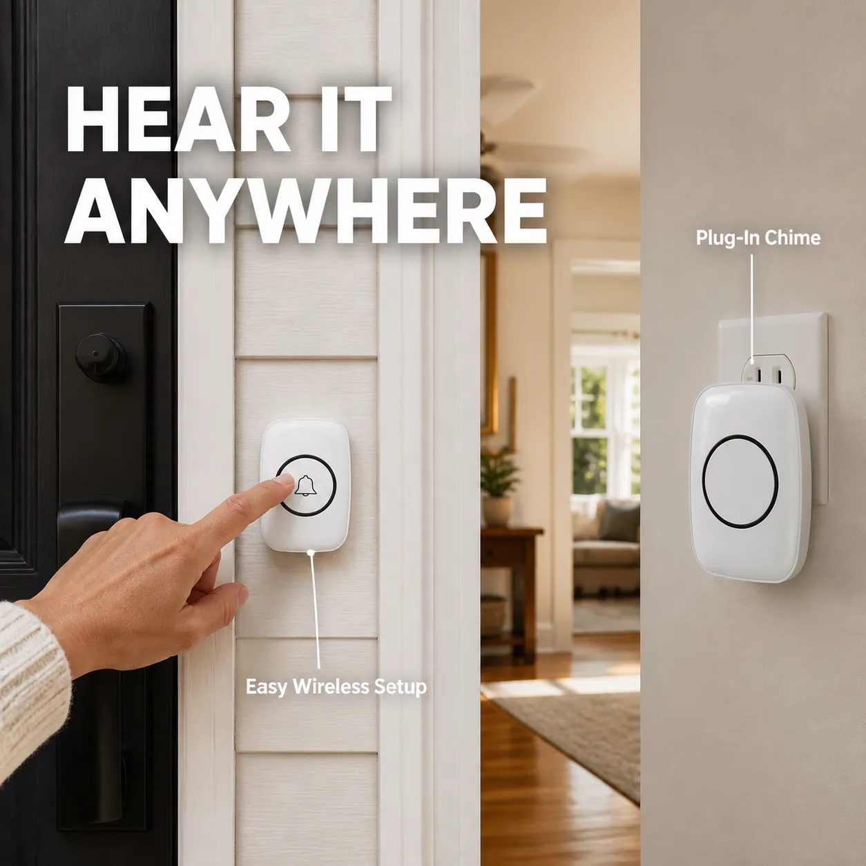 Wireless doorbell button outside with plug-in receiver indoors