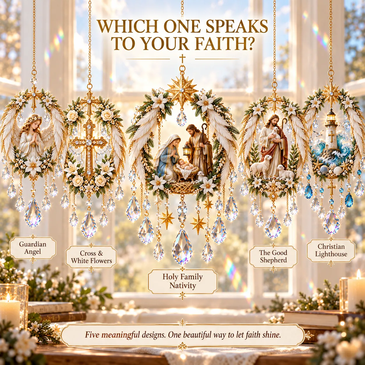 Five suncatcher designs from left to right: Guardian Angel, Cross and White Flowers, Holy Family Nativity, The Good Shepherd, Christian Lighthouse