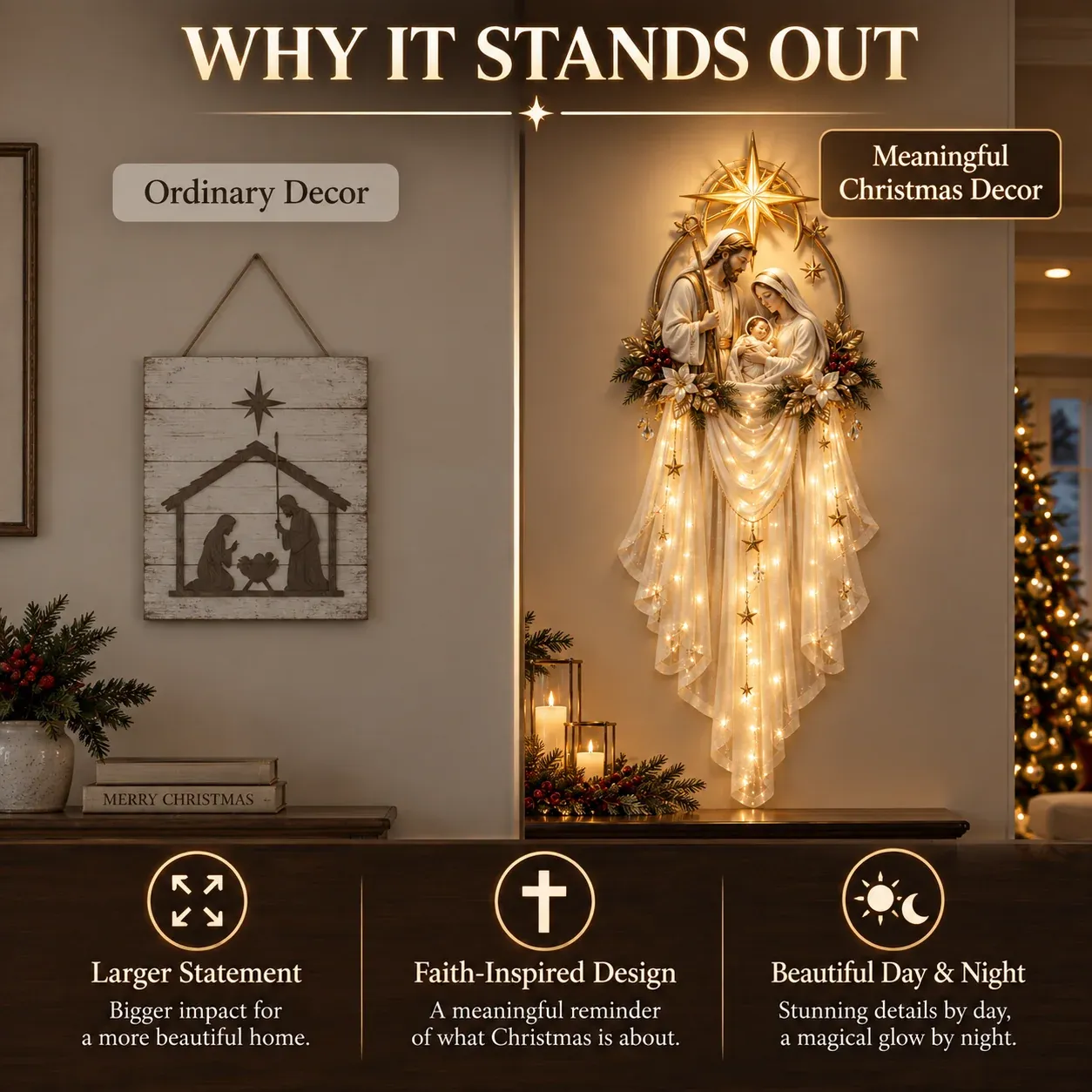 Holy Family Star Veil Cascade comparison with ordinary Christmas decor