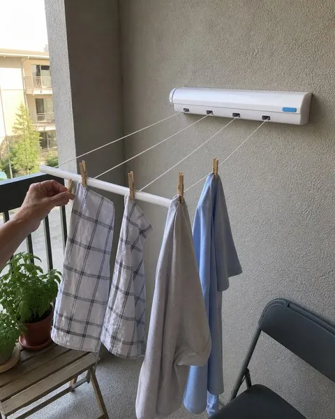 Four-line clothesline on a covered apartment balcony