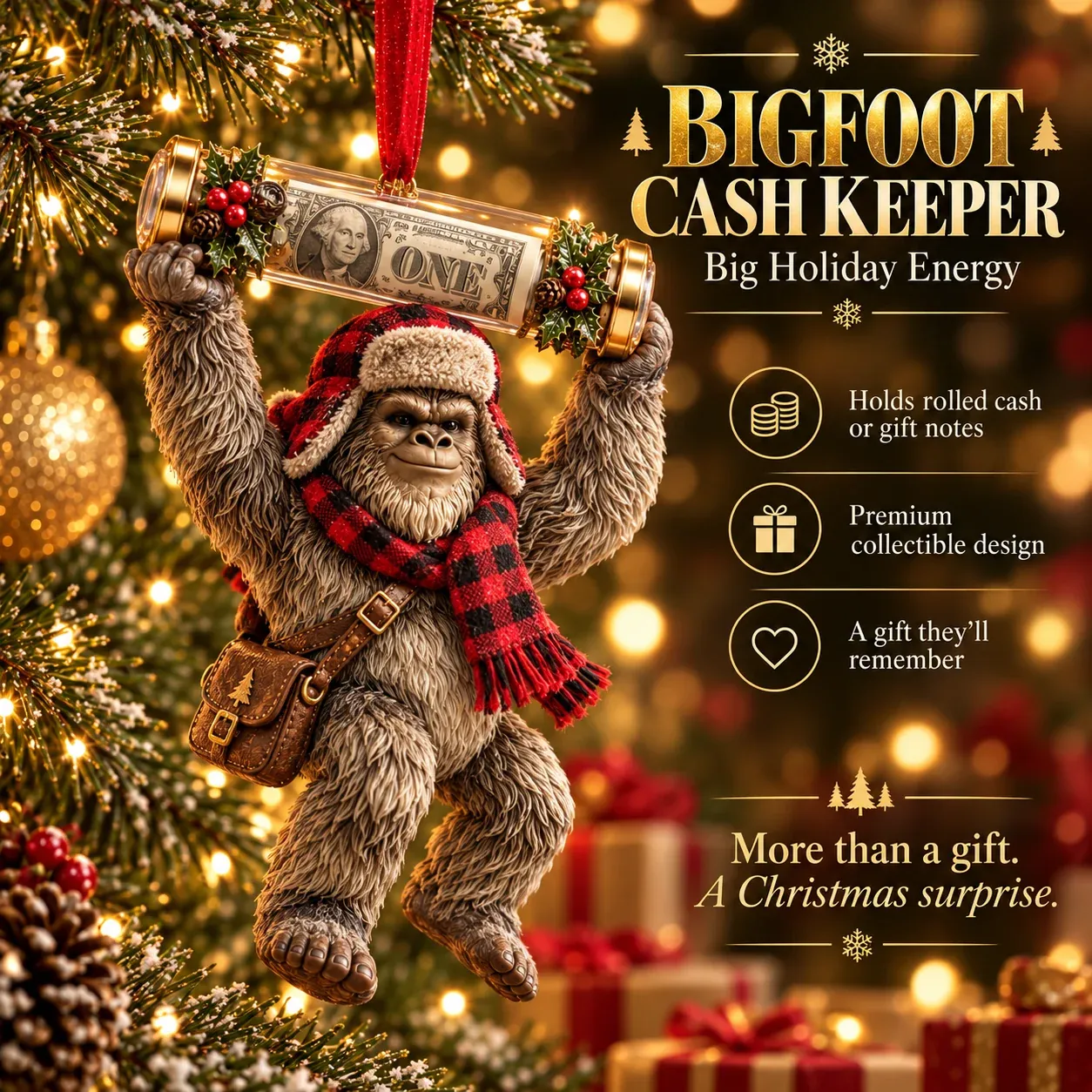 🎄👣 Bigfoot Cash Gift Ornament – 15 Holiday Styles product details