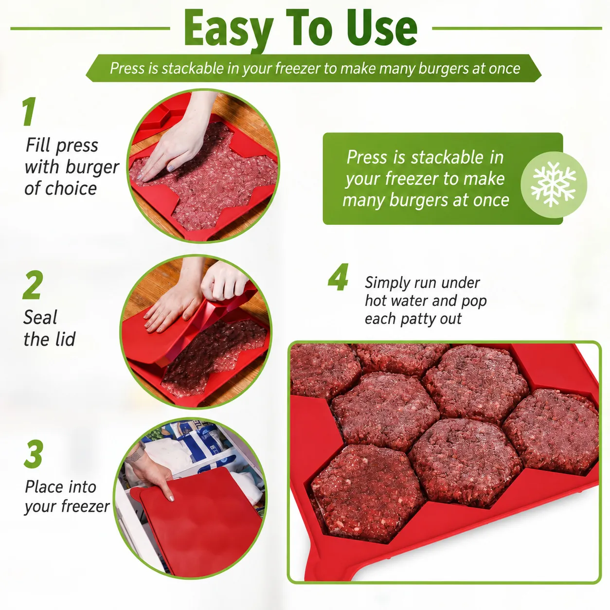Four-step guide for filling, covering, freezing, and releasing portions