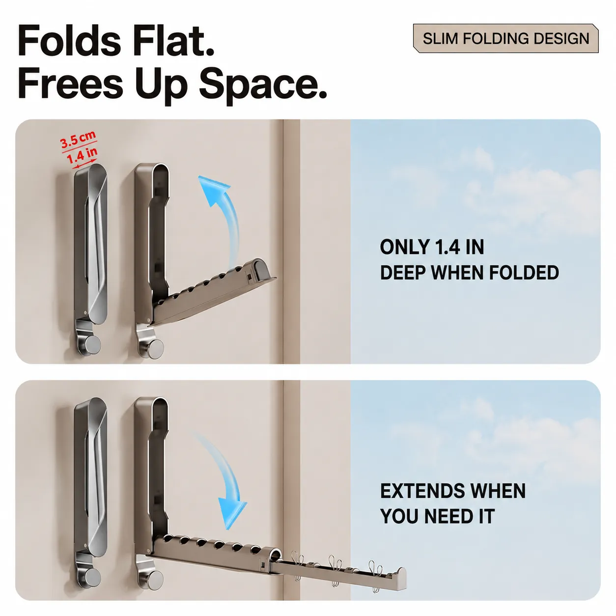 Rack folding to a slim 1.4 inch profile