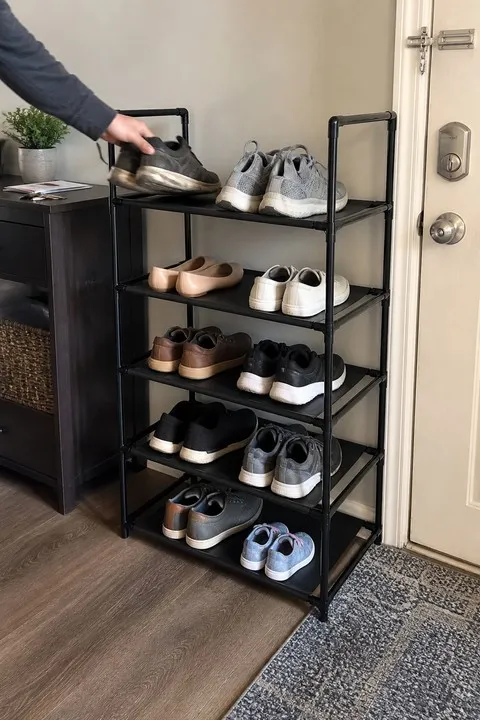 Five-tier rack organizing family shoes beside an apartment door