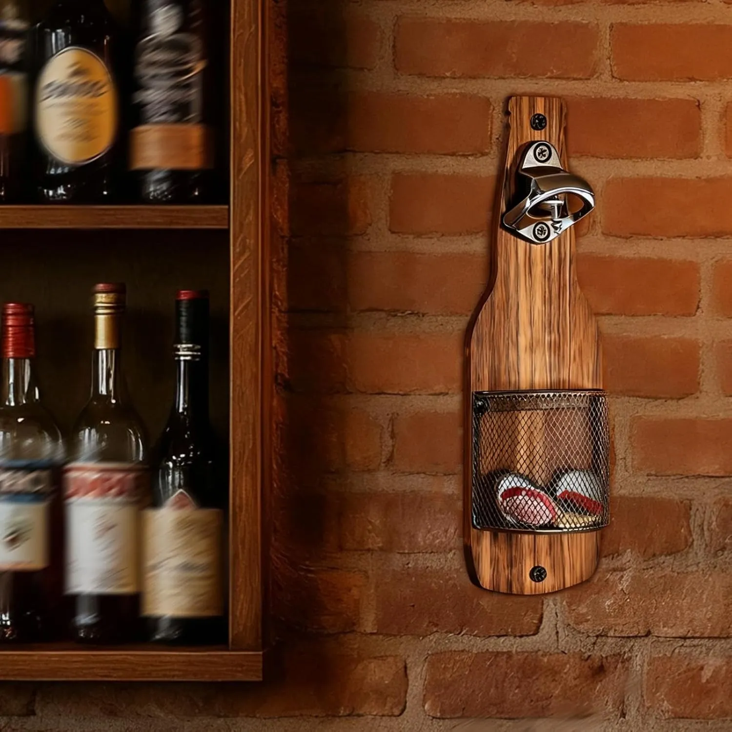 Rustic bottle opener mounted on a brick wall beside a home bar