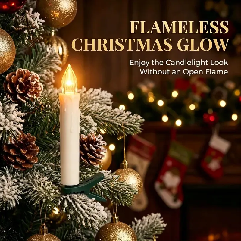 Flameless LED candle lights clipped onto a Christmas tree