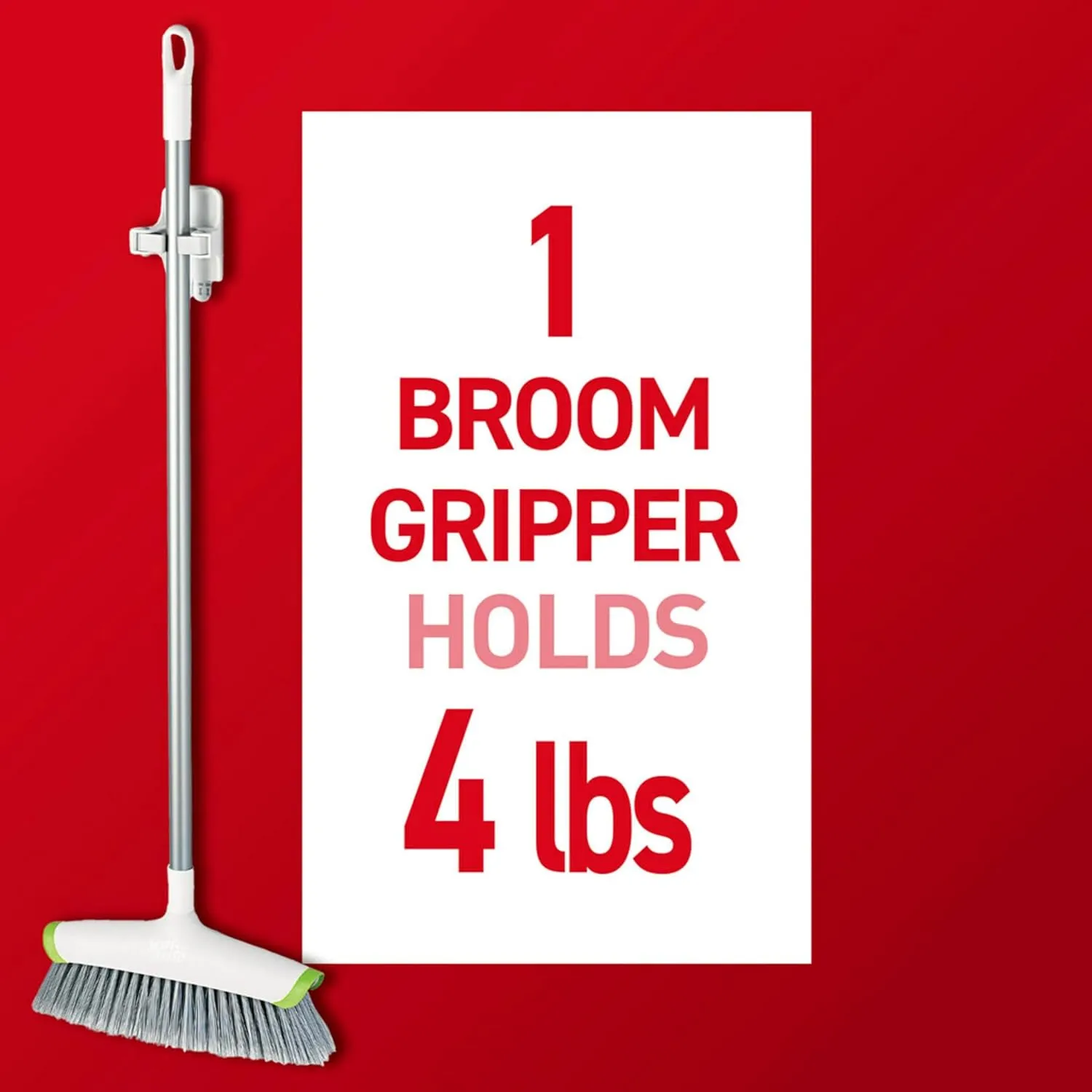 Wall gripper holding a broom handle with a four-pound capacity callout