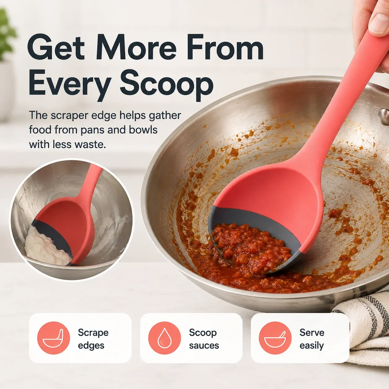 Scraper edge gathering sauce from pan and thick mixture from bowl