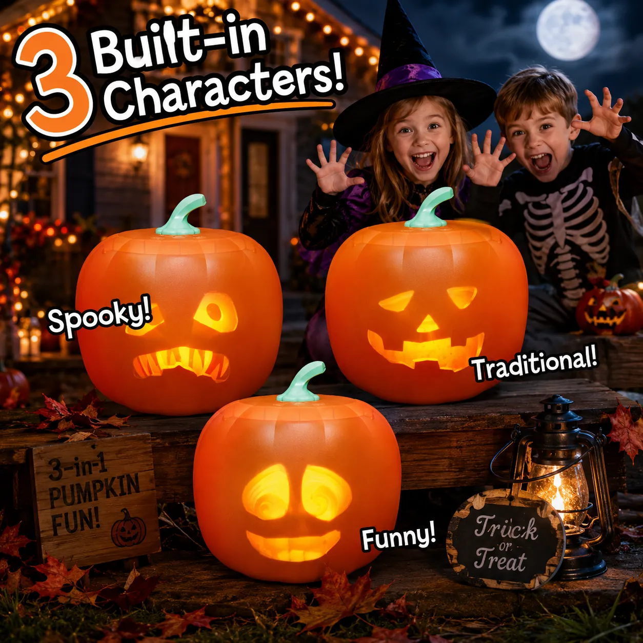 Three animated pumpkin characters: spooky, traditional, and funny