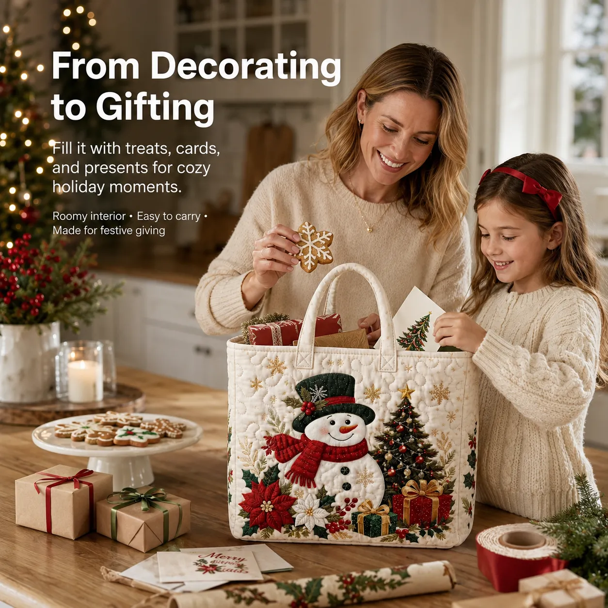 Mother and daughter packing gifts and cards into a snowman Christmas tote