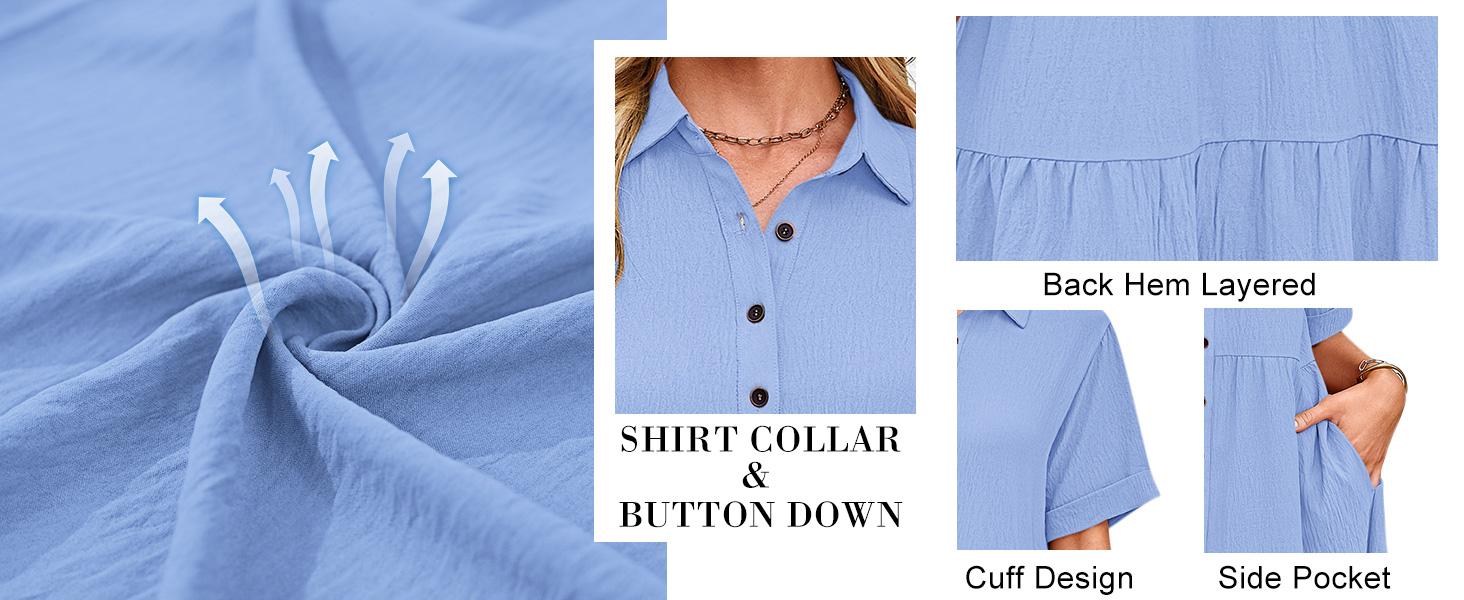 AUSELILY Babydoll Dress for Women Short Sleeve Button Down Textured Non-clingy Loose Fit Flowy Mini Dress with Pockets 2026 New Summer Dress