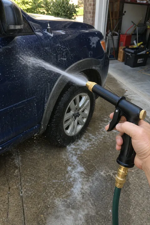 Homeowner rinsing a blue SUV with the black and brass hose sprayer